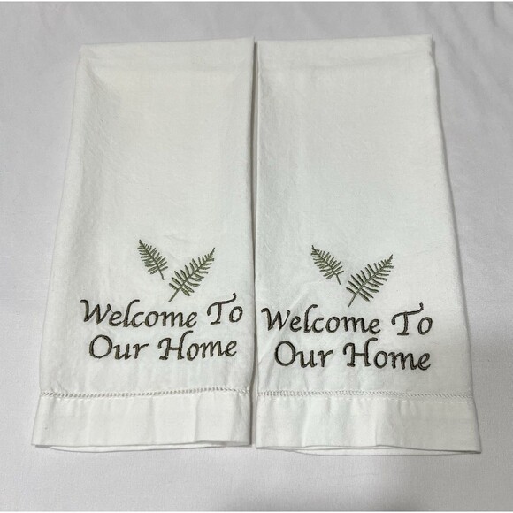 2 Vintage Welcome To Our Home, kitchen Decorative linen Farmhouse Green White LN - Picture 2 of 6